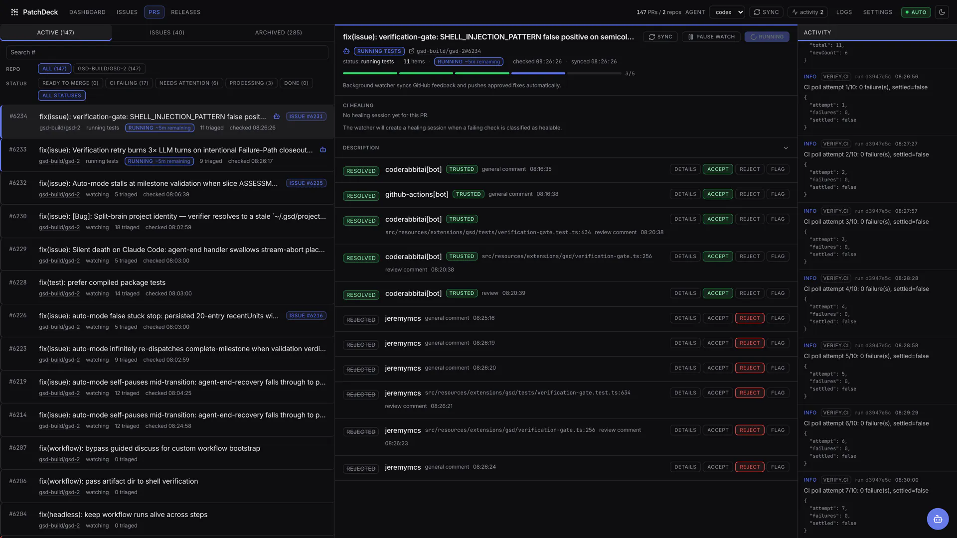 The PatchDeck pull requests page listing tracked PRs with their review threads, check status and per-PR actions.