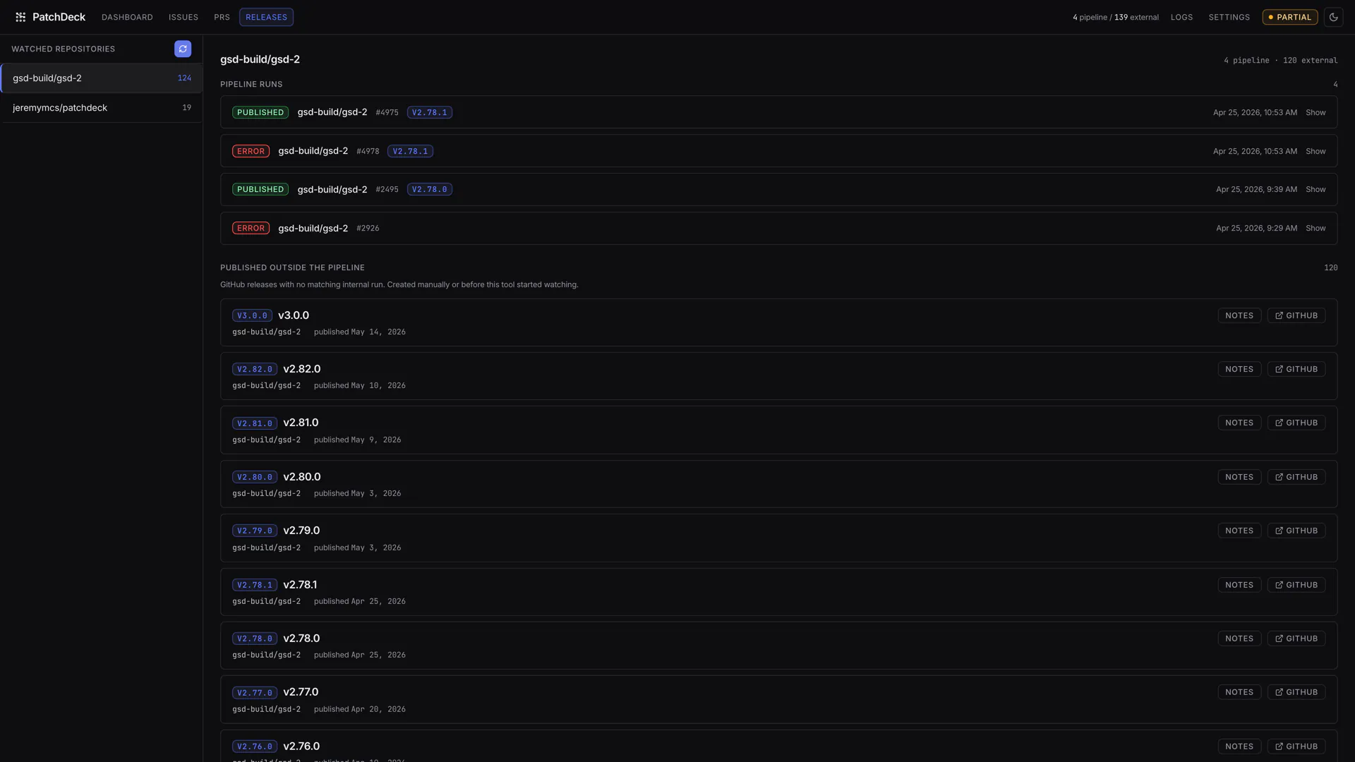 The PatchDeck releases pipeline showing release runs, proposed version bumps and published GitHub releases.