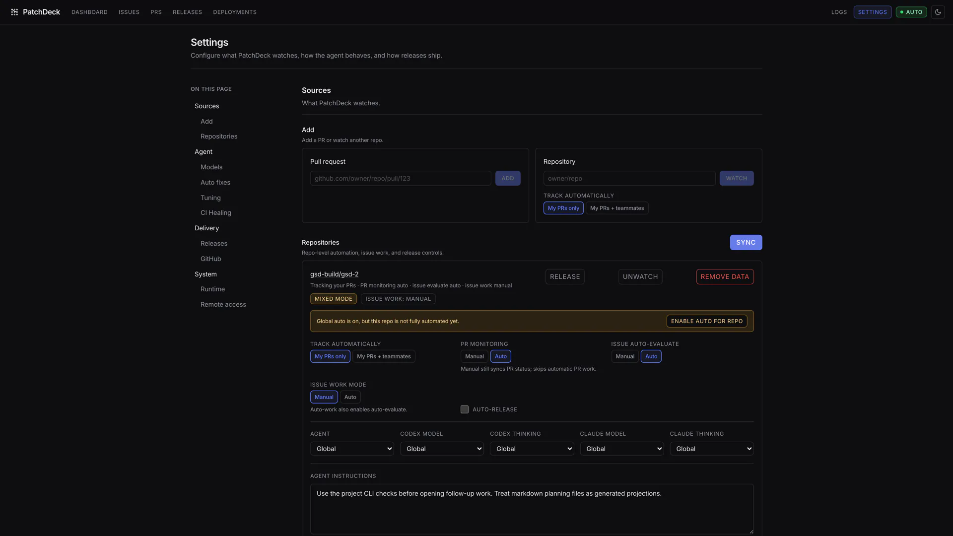 The PatchDeck settings page with toggles for automation, agent selection, retry limits and GitHub credentials.